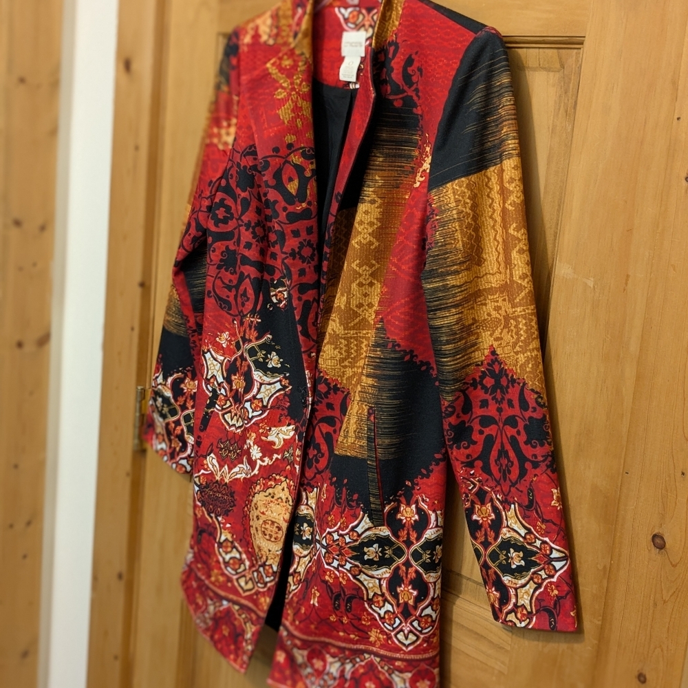 Chico's Printed Statement Jacket Sz 0 Small Blazer Black Red Art to Wear Asian - Picture 11 of 13